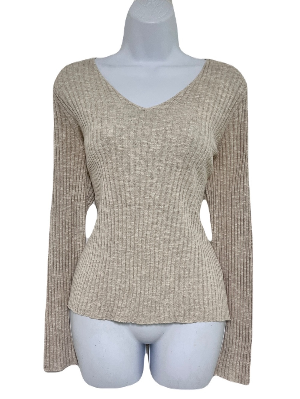Eileen Fisher Oatmeal Ribbed V-Neck Linen Cotton Sweater, Size L
